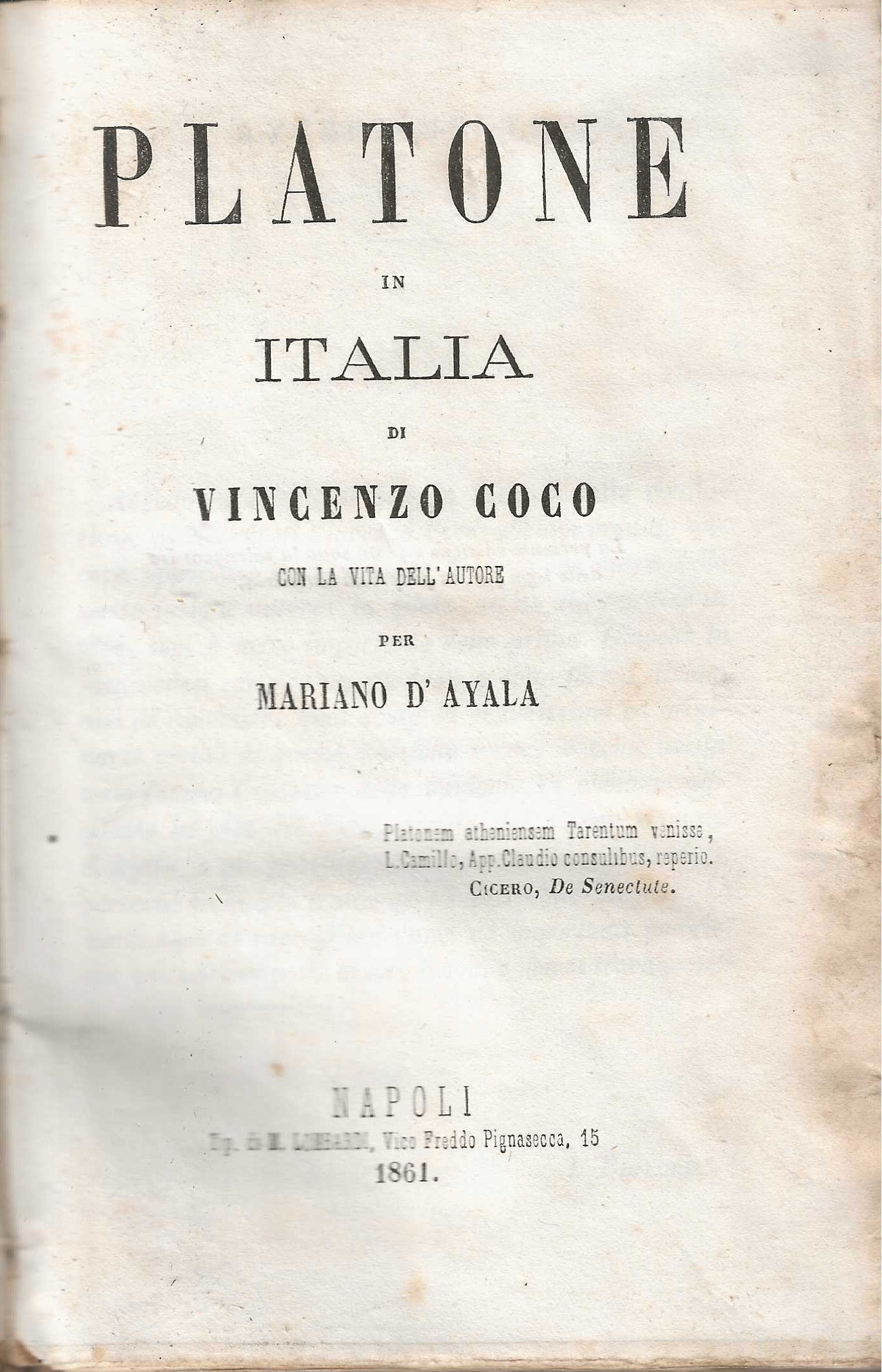 Platone in Italia di Vincenzo Coco con la vita dell' autore